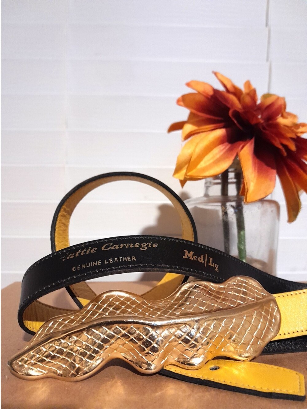 Vintage Adjustable Hattie Carnegie Leather Belt Gold TeLeaf Statement Buckle